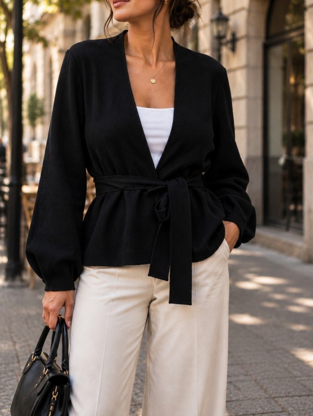 ZARA Black Tie-Waist Wrap Sweater Jacket Belted Open Front Cardigan